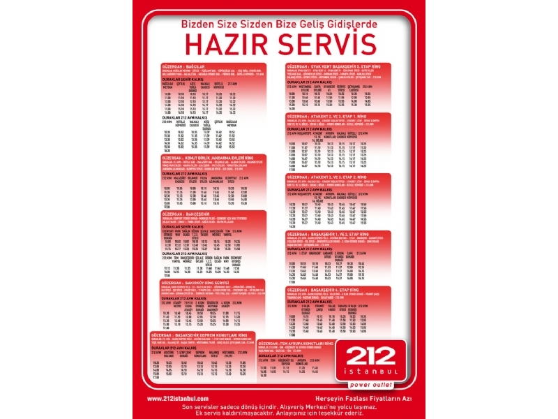 212 Alveri Merkezi Servis Saatleri 30 Ocak 2010