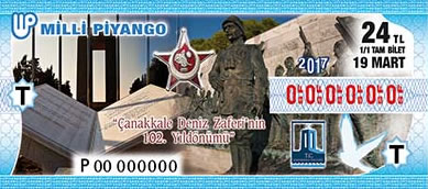 19 Mart 2017 Pazar tarihli 18 Mart anakkale Zaferi'nin 102. Yldnm Milli Pyango Bileti