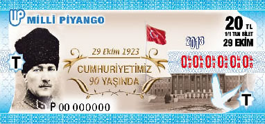 29 Ekim 2013 Sal tarihli 29 Ekim Cumhuriyet Bayram Milli Pyango Bileti